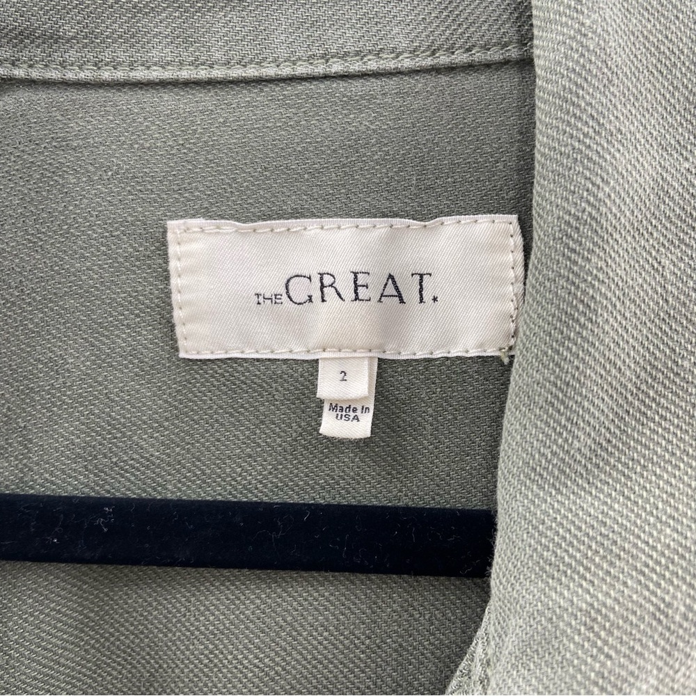 THE GREAT. Olive Green Utility Jacket with Red Heart Embroidery - Picture 2 of 9